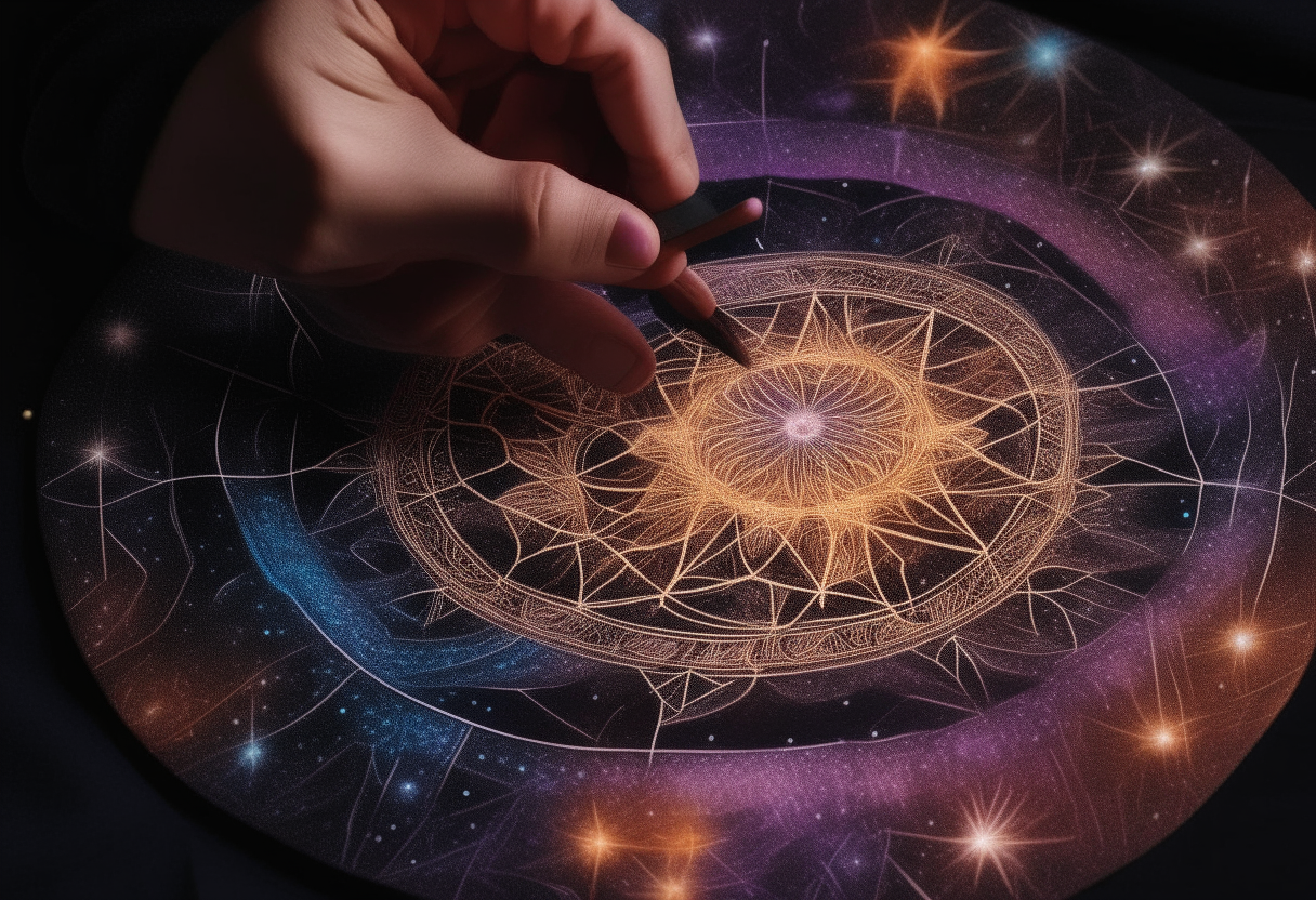 “A close-up of a wizard's  tracing a mandala on a galaxy backdrop”