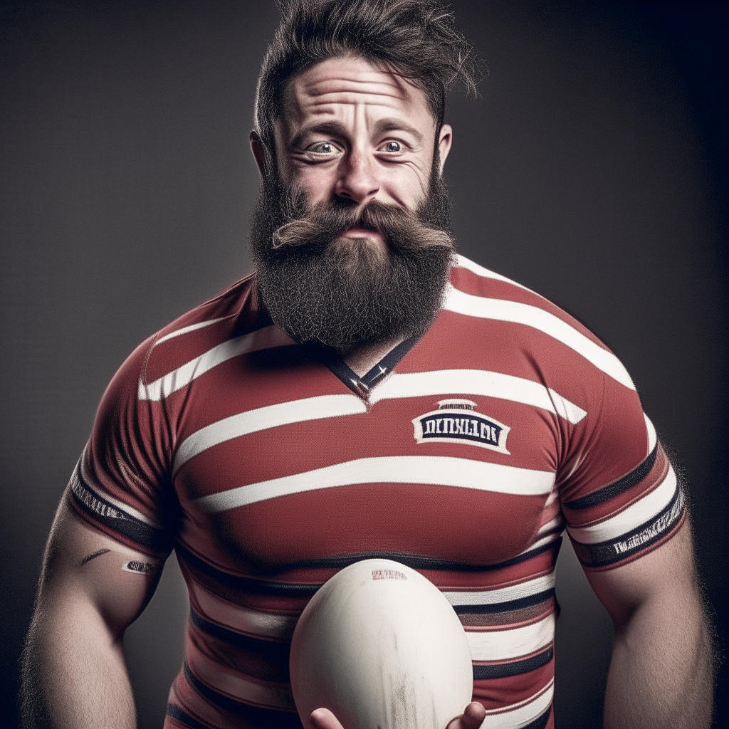 un hombre grandote y gordo con barba de tres días, usando una remera de rugby a rayas horizontales anchas y un pañuelo anudado en su cabeza al estilo pirata. Sujeta fuertemente una pelota de rugby con una de sus grandes manos, expresando enojo.