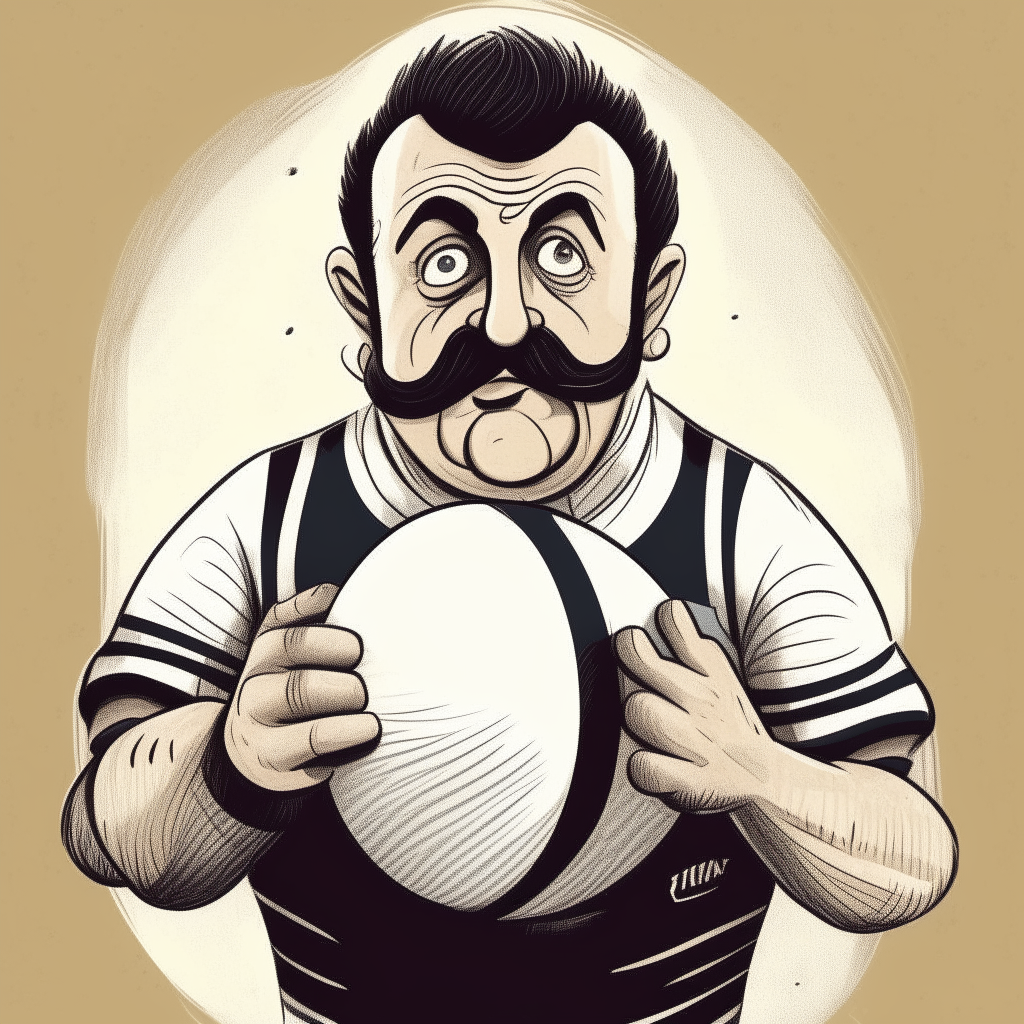 una caricatura de un hombre musculoso pero gordo, con barba y bigotes apenas crecidos. Viste una remera de rugby a rayas anchas y sujeta fuertemente una pelota con una mano, expresando enojo.