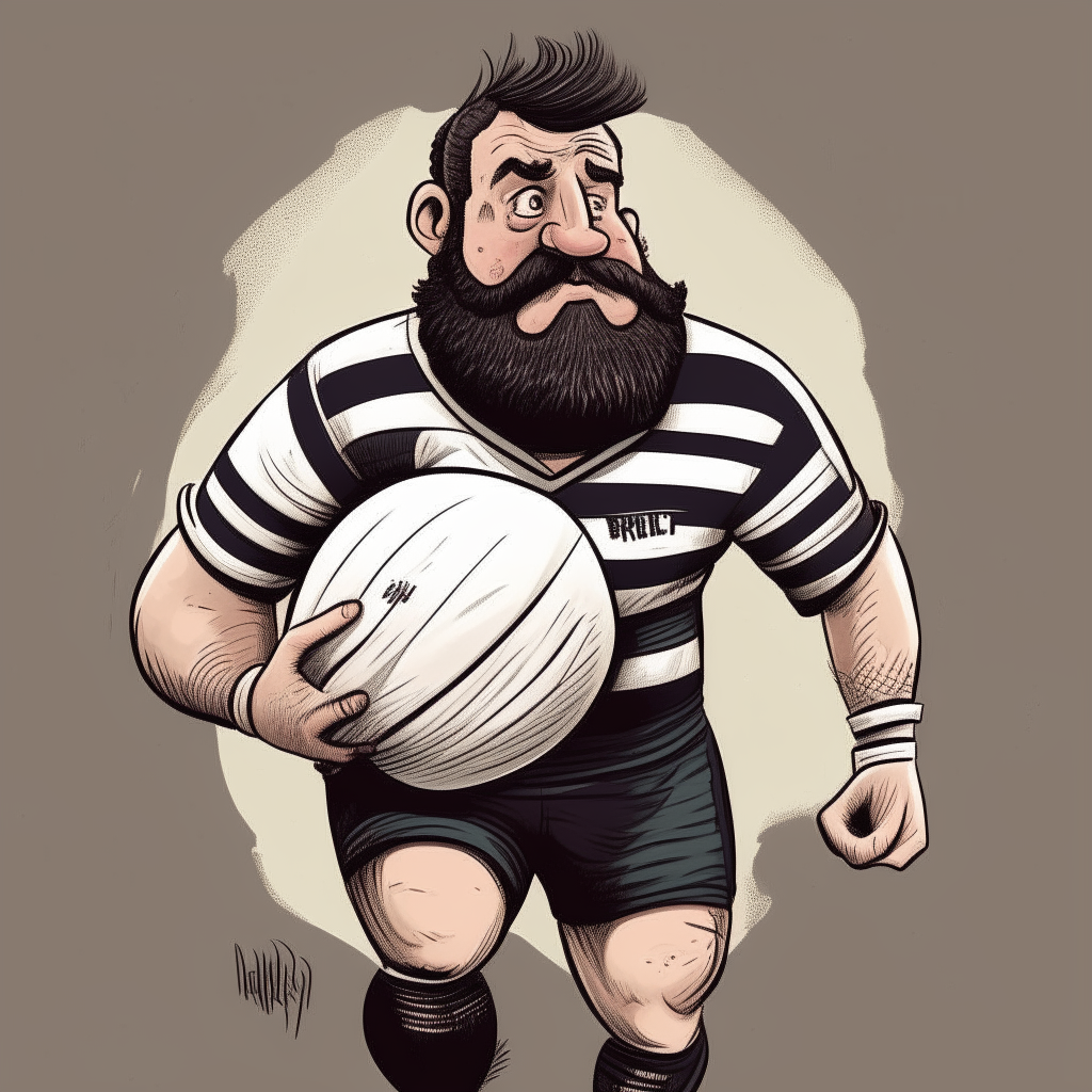 una caricatura de un hombre musculoso con camiseta de rugby a rayas anchas, barba corta y sosteniendo una pelota de rugby con enojo