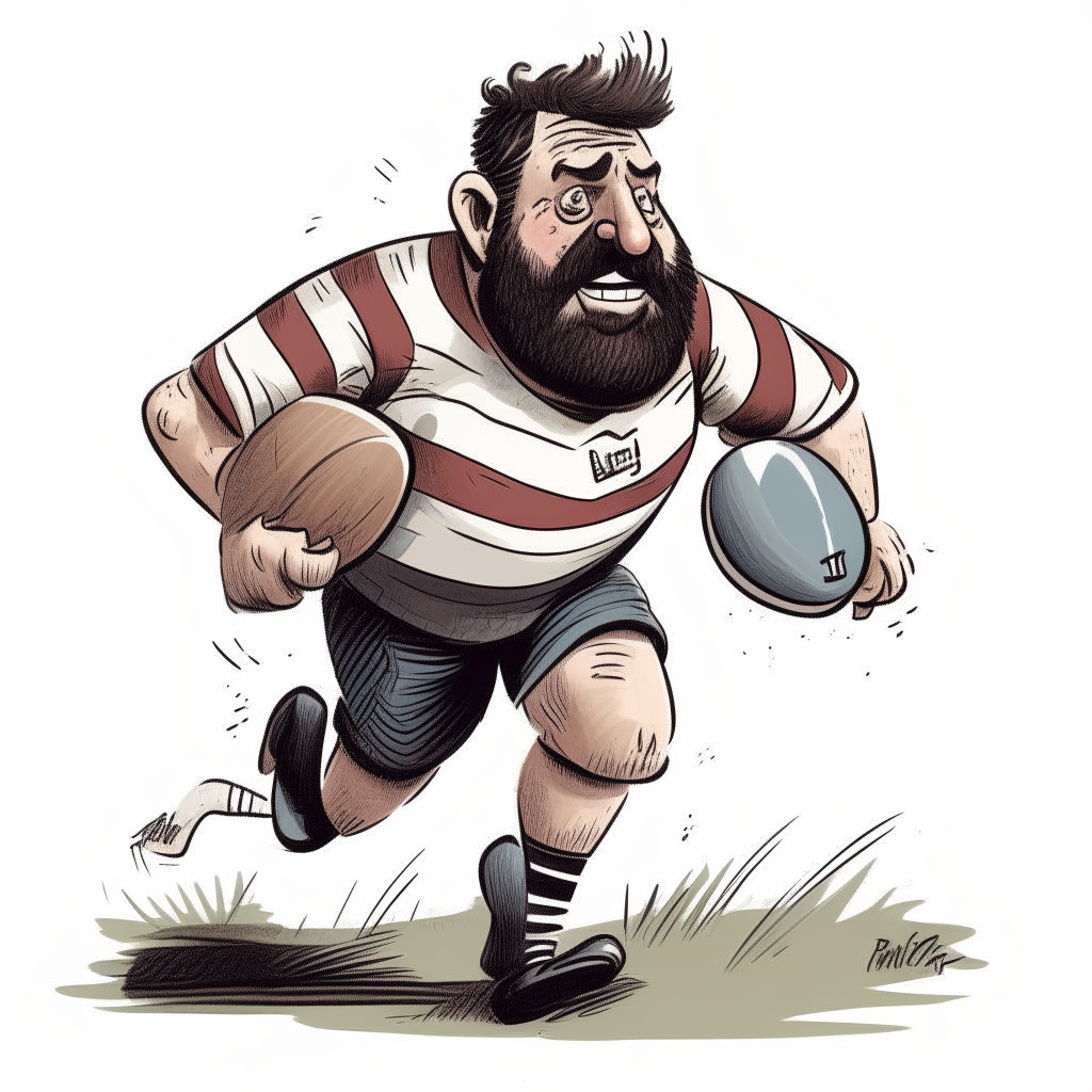 una caricatura de un hombre musculoso con camiseta de rugby a rayas anchas, barba corta y sosteniendo firmemente una pelota ovalada de rugby con una expresión más enojada