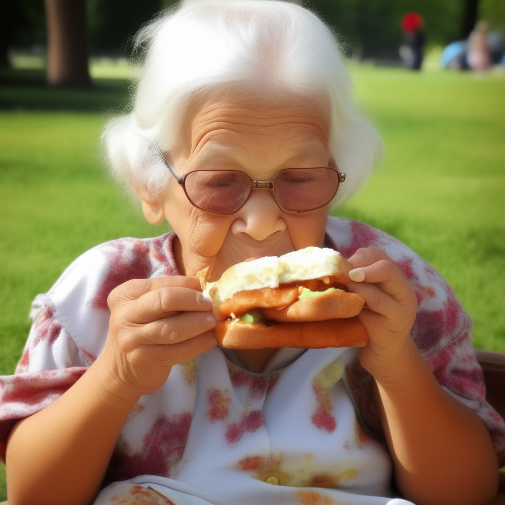 Eating a fried chicken leg sandwich... a picnic with Grandma... oh, that tasted so good,