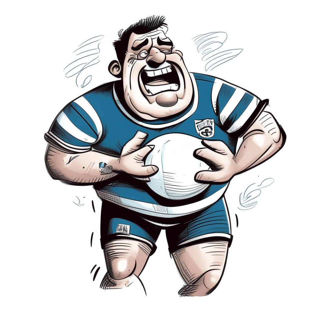 una caricatura de un hombre musculoso con camiseta de rugby de franjas anchas horizontales azul y blanca, pantalón corto negro y sosteniendo firmemente una pelota ovalada de rugby con una expresión de enojo apretando los dientes