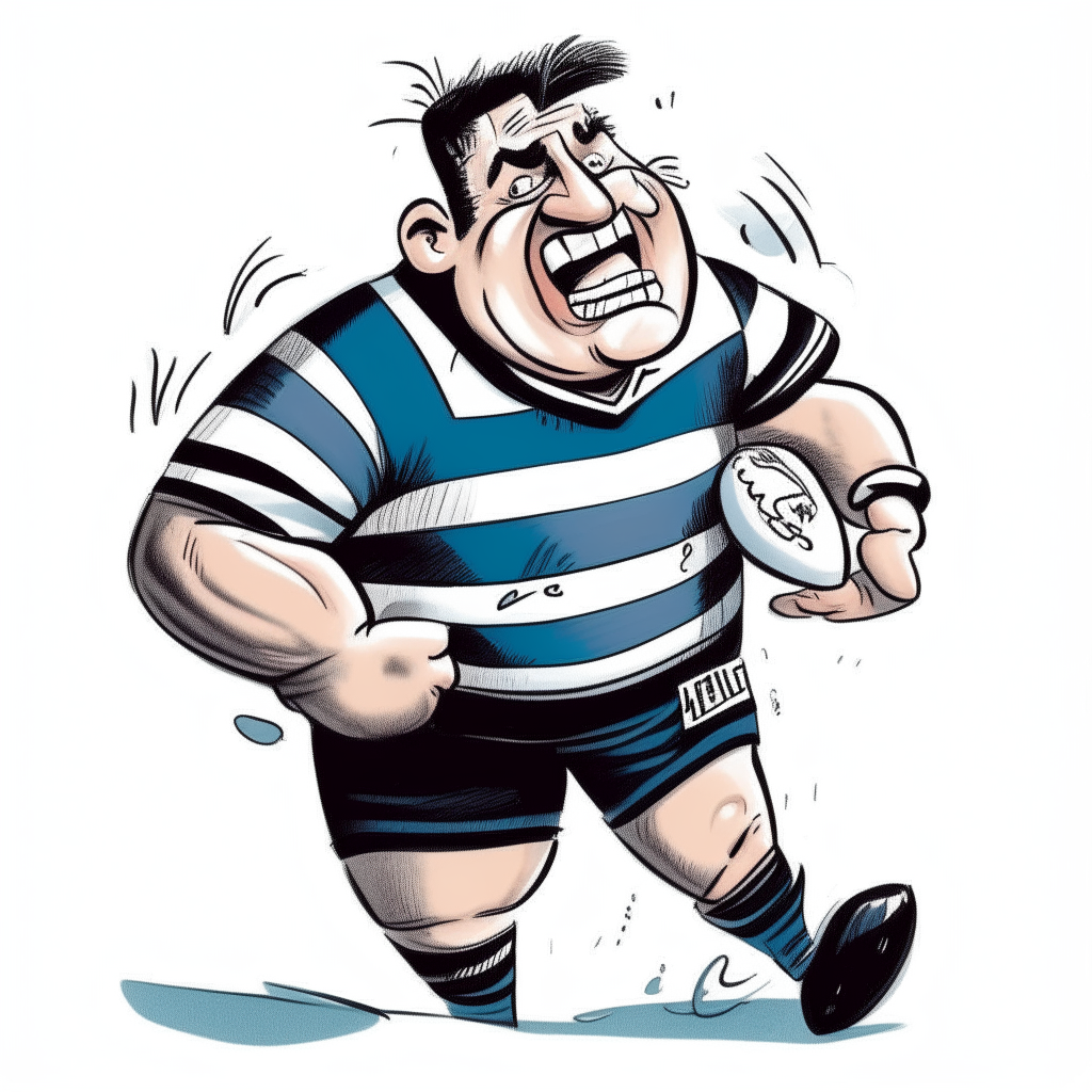 una caricatura de un hombre musculoso con camiseta de rugby de franjas anchas horizontales azul y blanca, pantalón corto negro y sosteniendo firmemente una pelota ovalada de rugby, expresando enojo con los dientes apretados