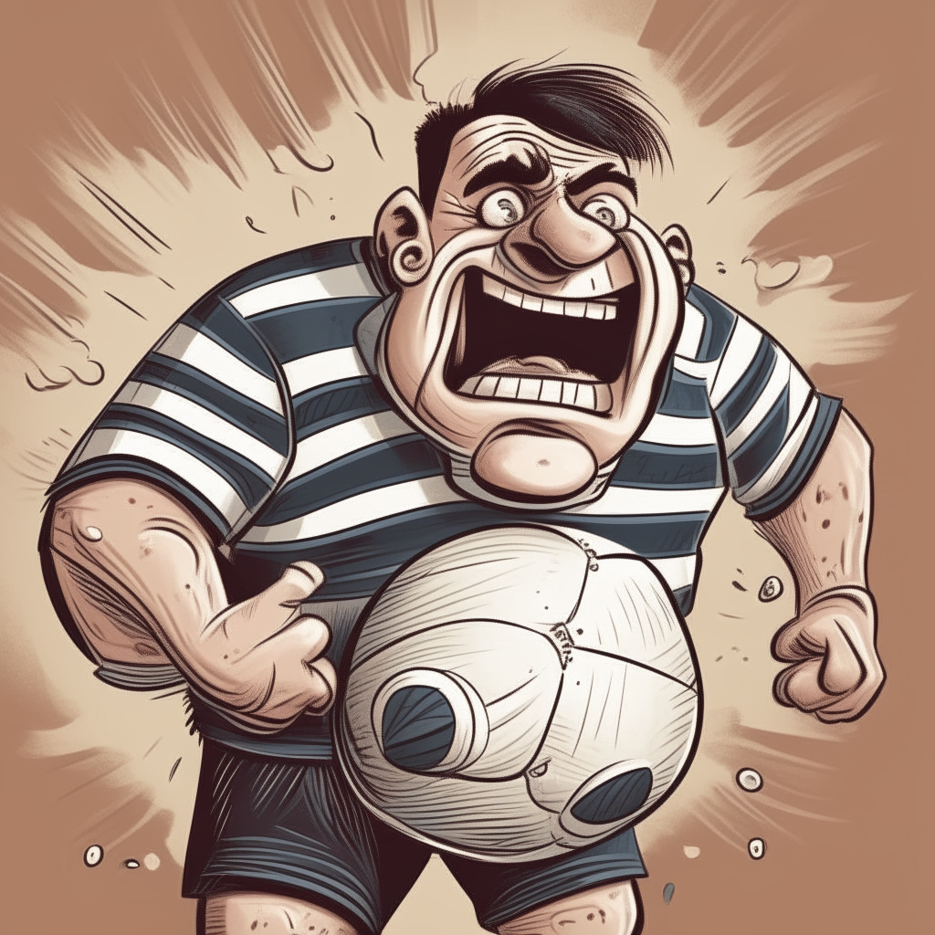 una caricatura de un hombre musculoso expresando enojo con el ceño fruncido y los dientes apretados, usando una camiseta de rugby a rayas horizontales anchas y sosteniendo una pelota ovalada de rugby