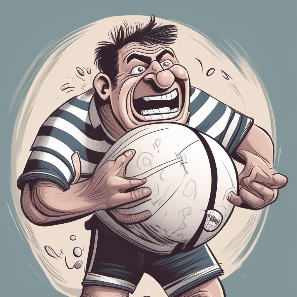 una caricatura de un hombre musculoso expresando enojo con la boca cerrada y los dientes apretados, usando una camiseta de rugby a rayas horizontales anchas y sosteniendo una pelota ovalada de rugby