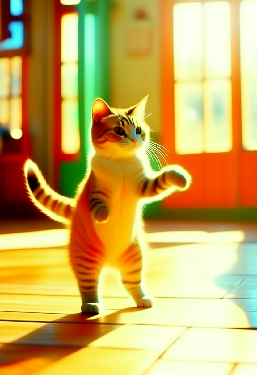 A cat is dancing, its legs standing straight. trending on imagestation, lovely, video still, Kodak Ultramax 800