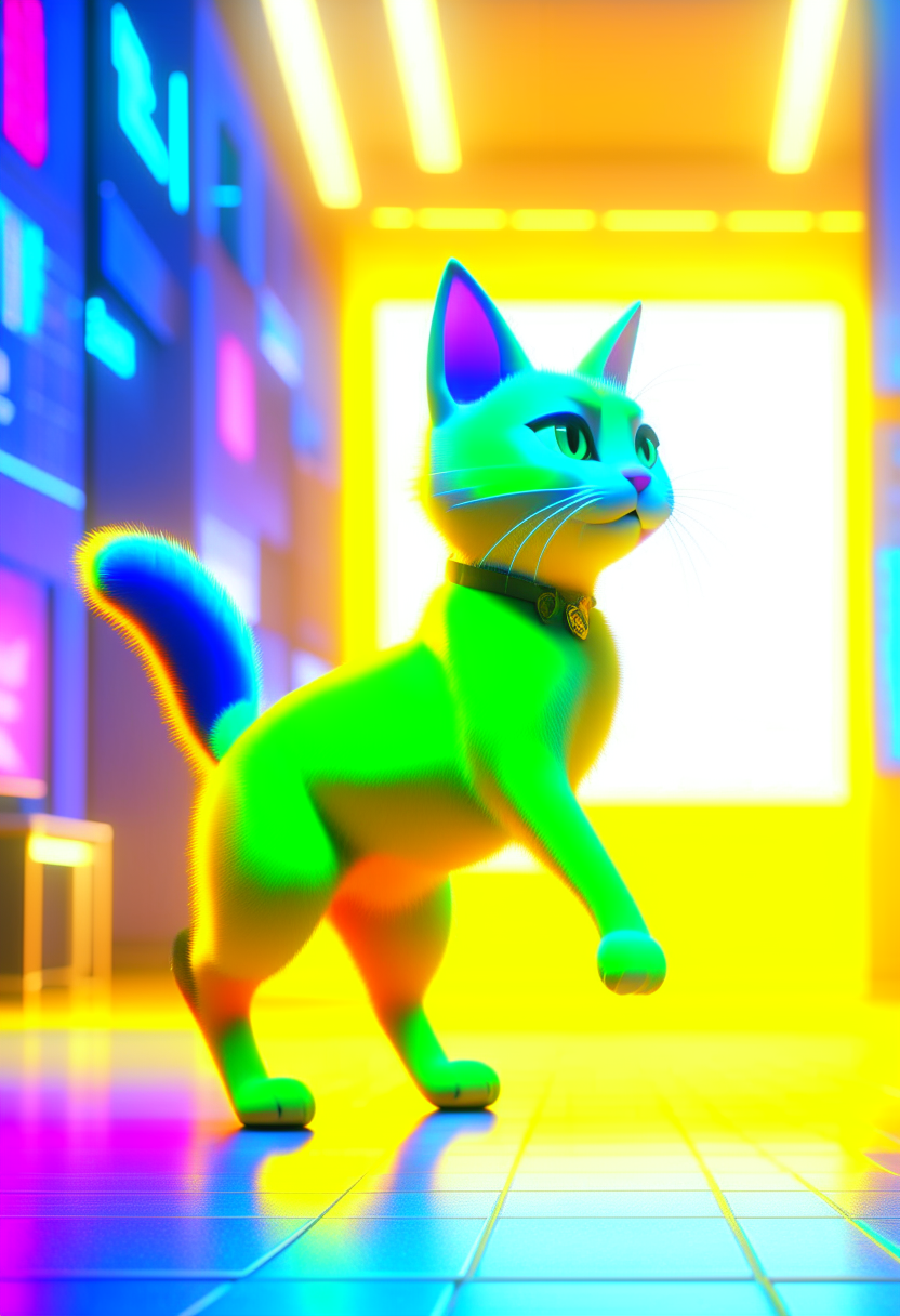 A cat is dancing, its legs standing straight. pixar portrait, 3/4 portrait, cyberpunk art, architectural HD