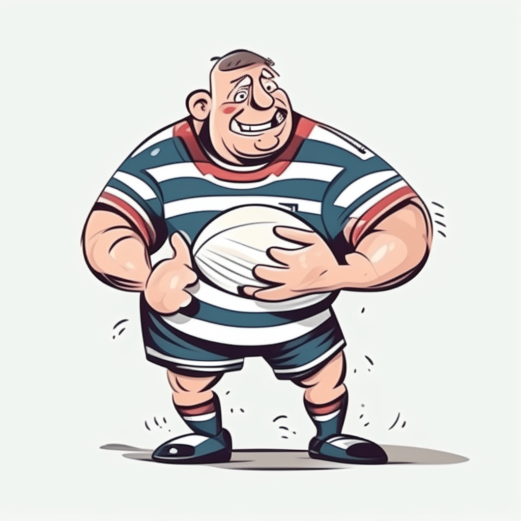 un personaje de dibujos animados musculoso con camiseta de rugby a rayas horizontales sosteniendo una pelota ovalada de rugby