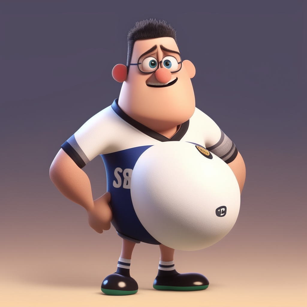 un personaje de Pixar musculoso con camiseta de rugby a rayas sosteniendo una pelota ovalada de rugby