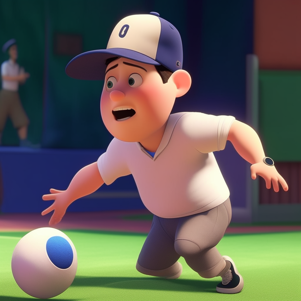 un personaje de Pixar con gorra de béisbol y pantalón corto sosteniendo una pelota ovalada de rugby