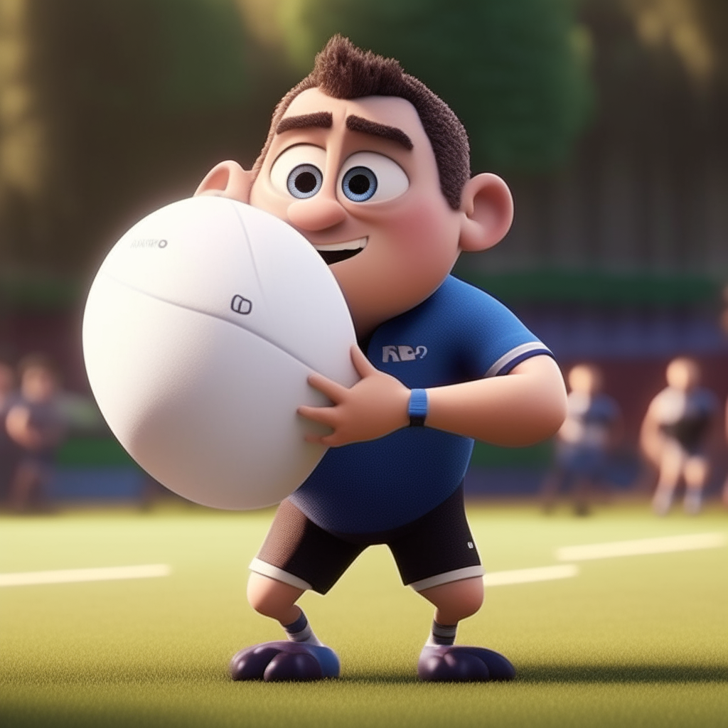 un personaje de estilo Pixar calvo sosteniendo una pelota de rugby