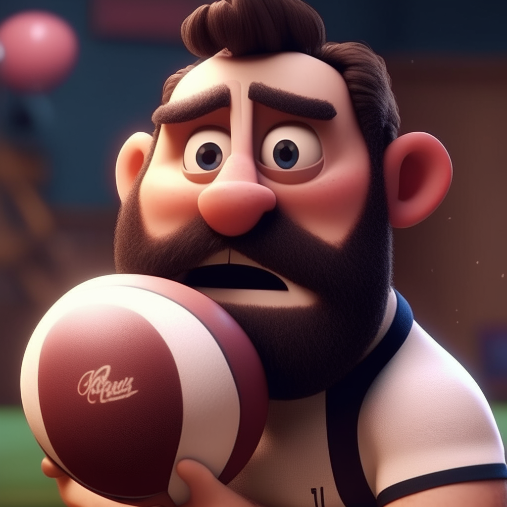 un personaje de estilo Pixar con barba y vincha sosteniendo una pelota de rugby