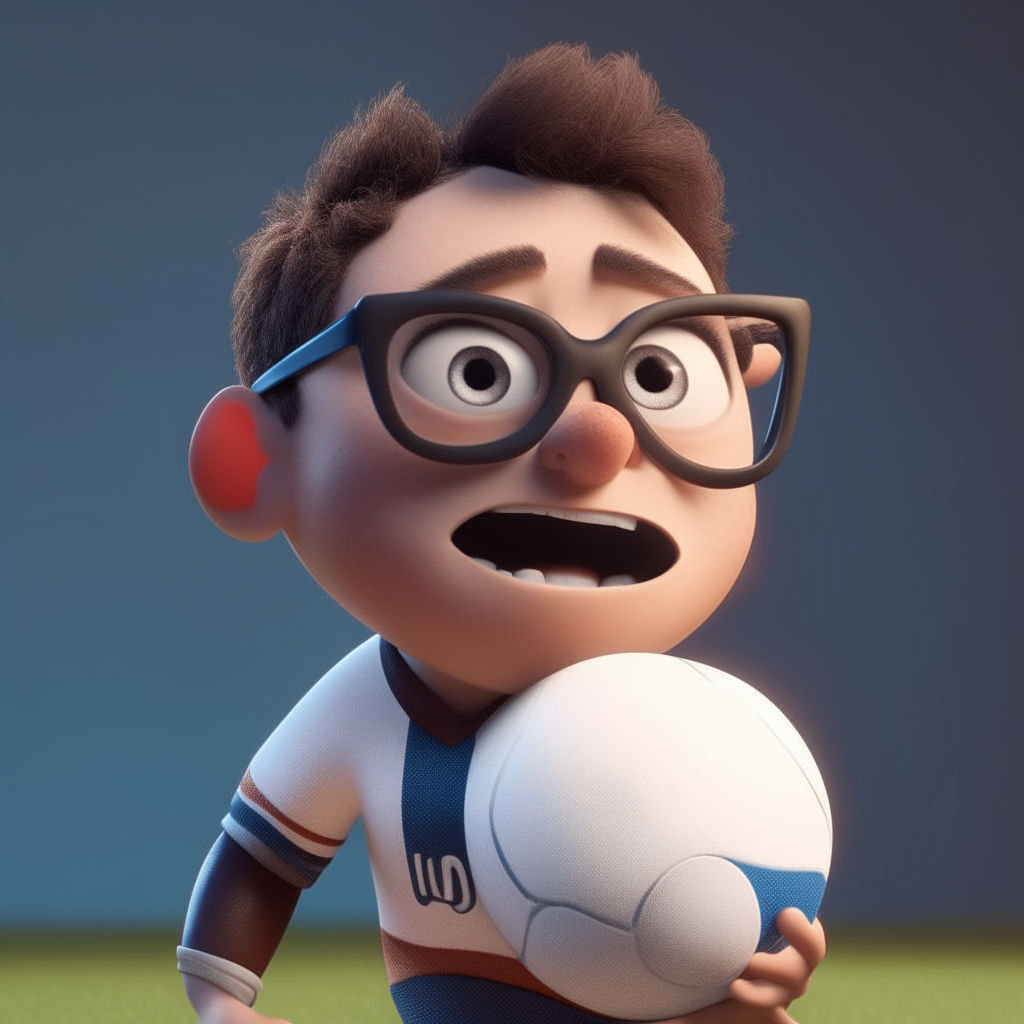 un personaje de estilo Pixar con lentes y expresión seria sosteniendo una pelota de rugby