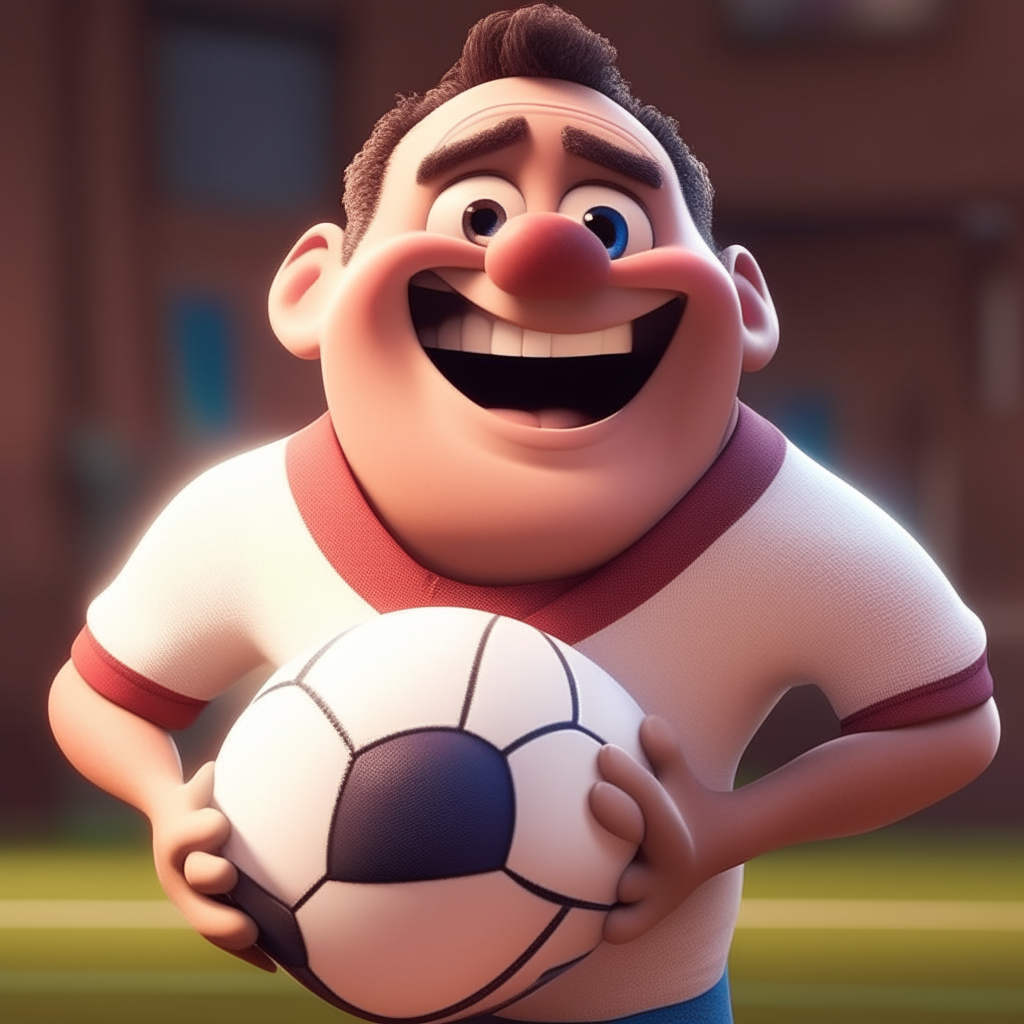 un personaje de estilo Pixar robusto con sonrisa sosteniendo una pelota de rugby