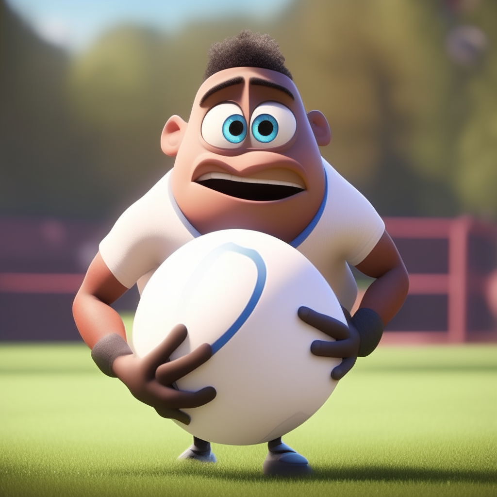 un personaje de estilo Pixar con expresión de sorpresa sosteniendo una pelota ovalada de rugby