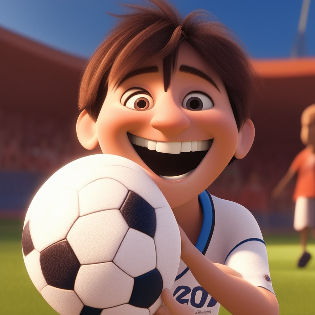 un personaje de estilo Pixar delgado con sonrisa sosteniendo una pelota ovalada de futbol americano