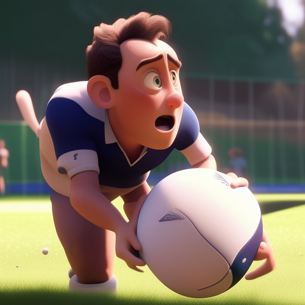 un jugador de estilo Pixar con expresión concentrada sosteniendo una pelota ovalada de rugby