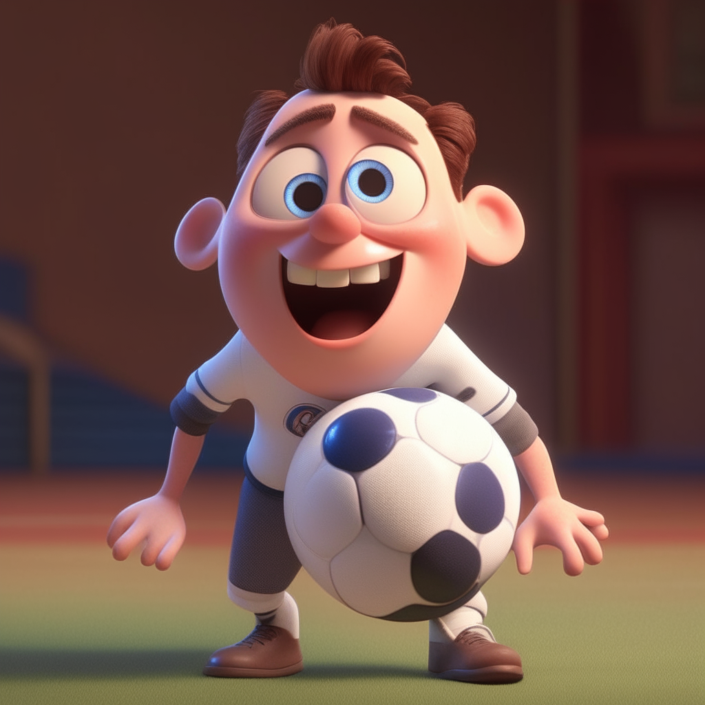 un jugador robusto de estilo Pixar celebrando con pelota ovalada