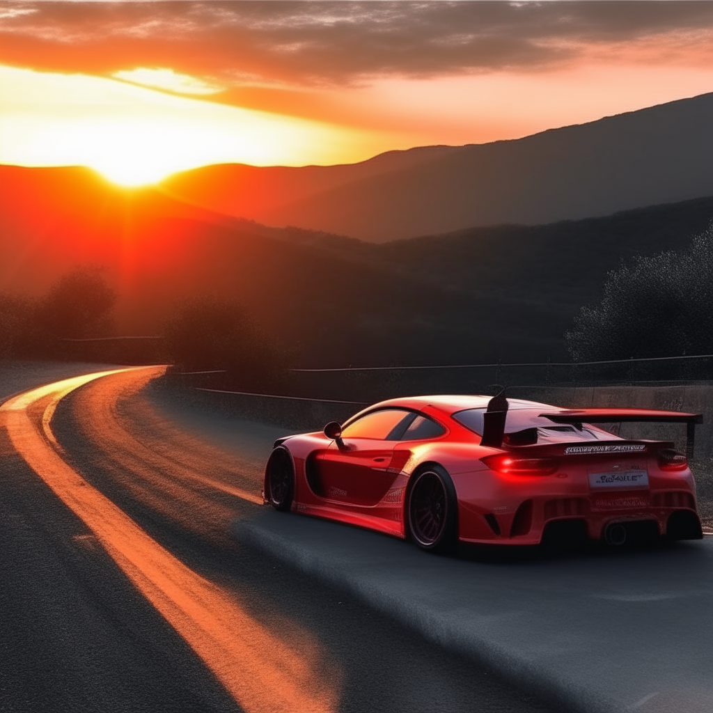 un auto deportivo rojo en una pista de montaña serpenteante, al atardecer