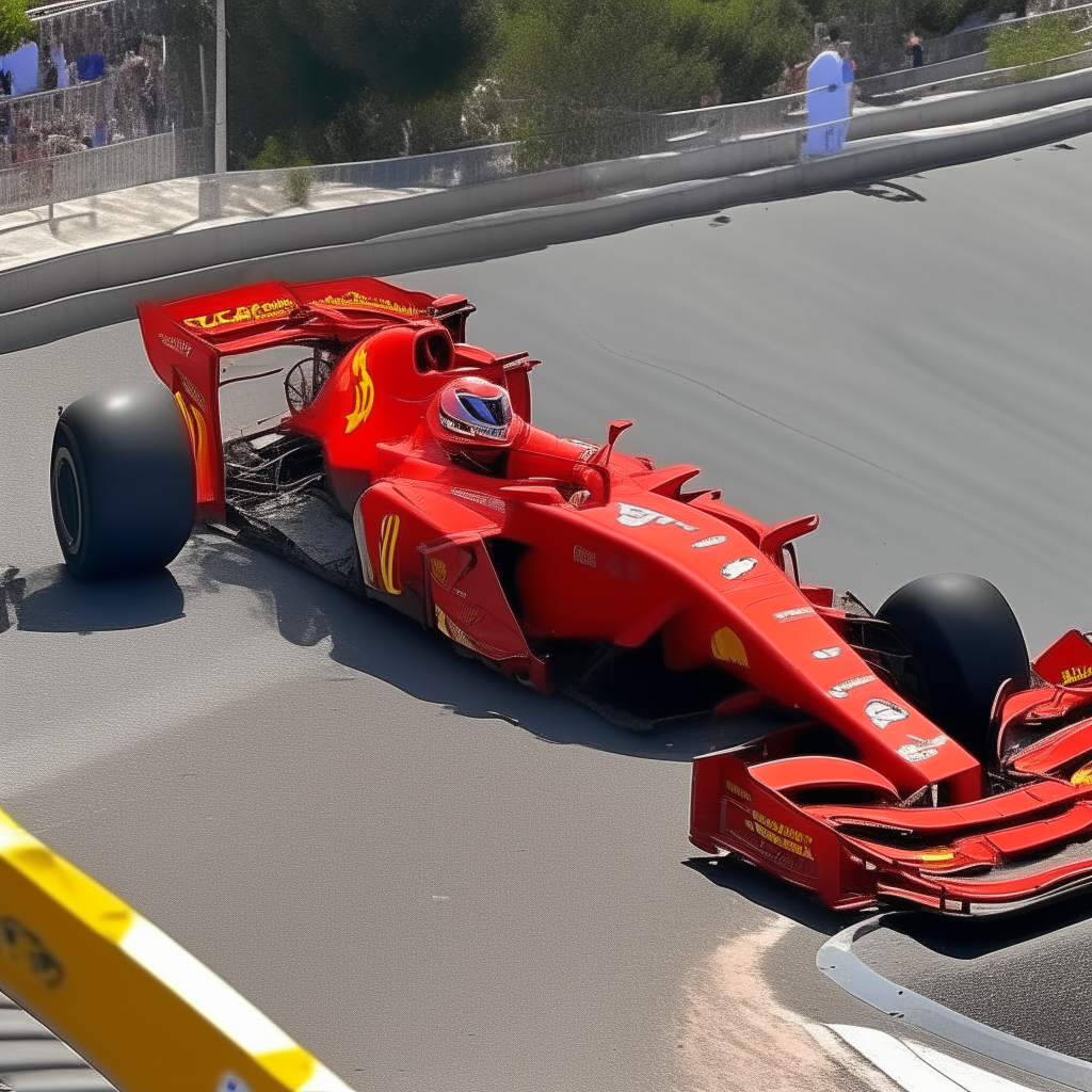 una vista cercana de un auto rojo Ferrari F1 en la curva de Mónaco, viéndose al piloto con su casco