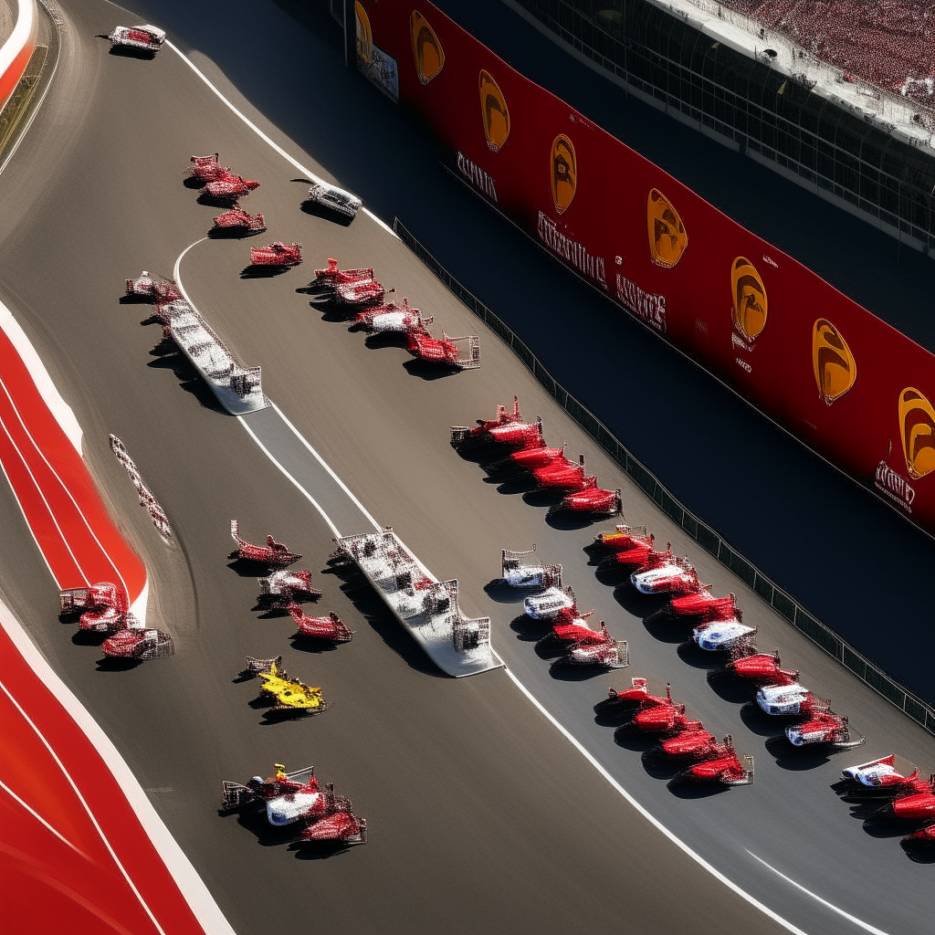 una vista aérea de la pista de Mónaco con varios autos Ferrari F1 compitiendo en la curva