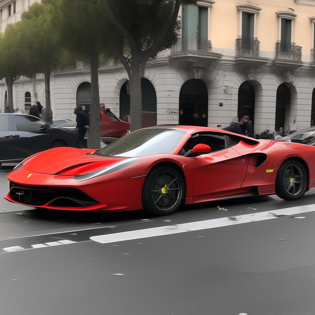 Un auto rojo Ferrari F1 recorriendo una curva cerrada en Mónaco a alta velocidad, con su elegante carrocería cortando el aire y el rugido de su motor resonando a través de las sinuosas calles