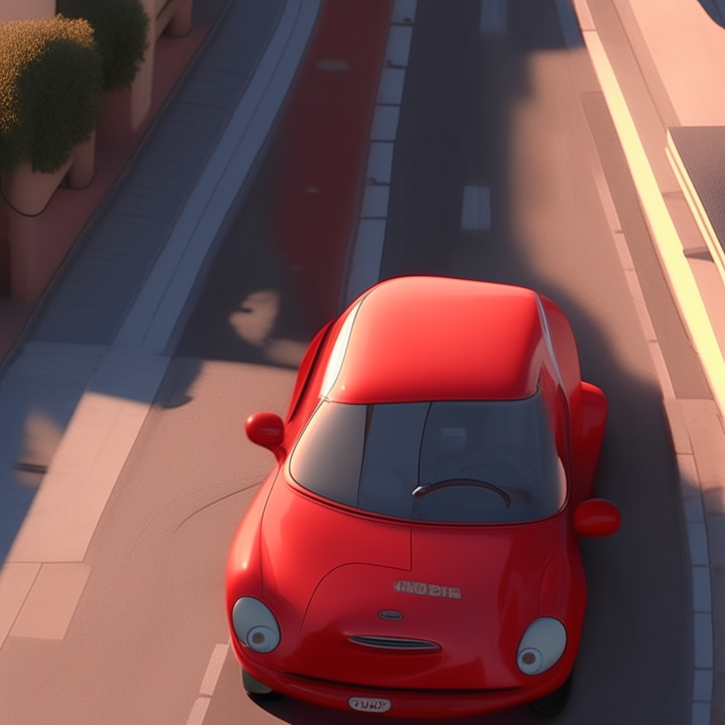 Vista aérea de estilo Pixar de un auto rojo subiendo una pendiente pronunciada en Mónaco, con su gracia y precisión al manejar mientras otros autos lo siguen de cerca