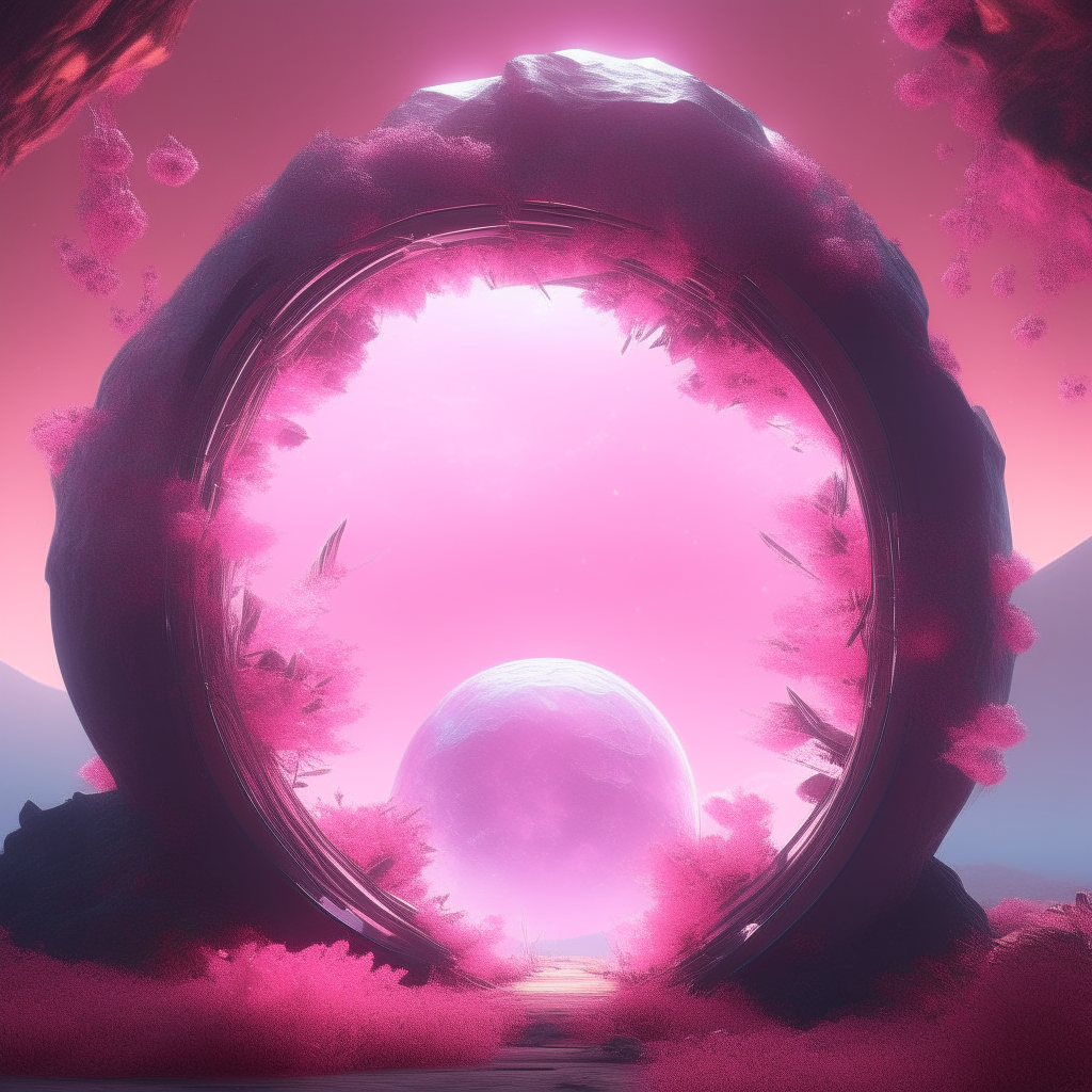 A shimmering pink portal hovering above alien vines and crystals on a distant planet