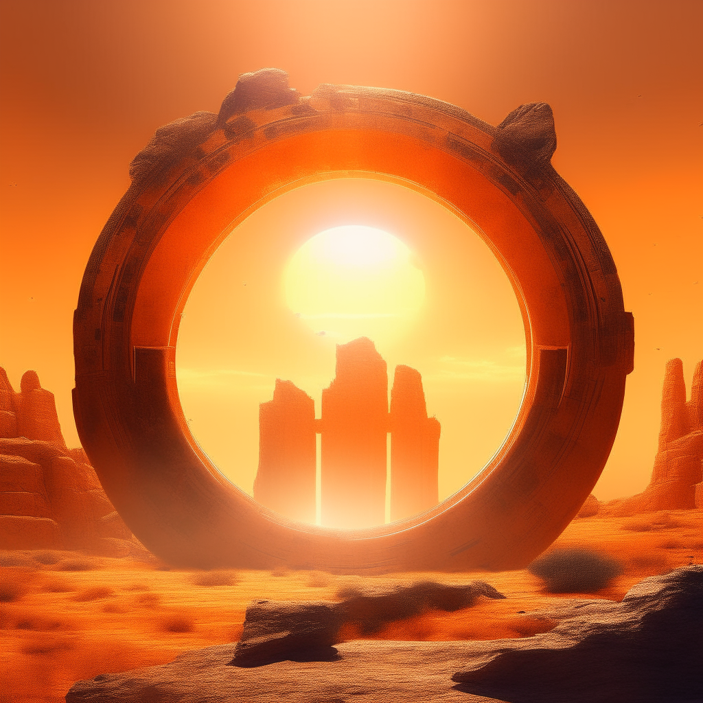 A pulsing orange portal hovering over ancient ruins on a desert world