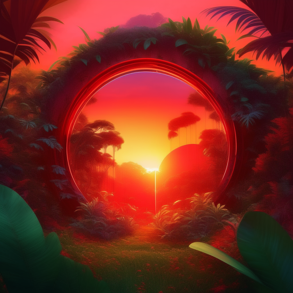 A radiant red portal emerging from a colorful jungle at sunset