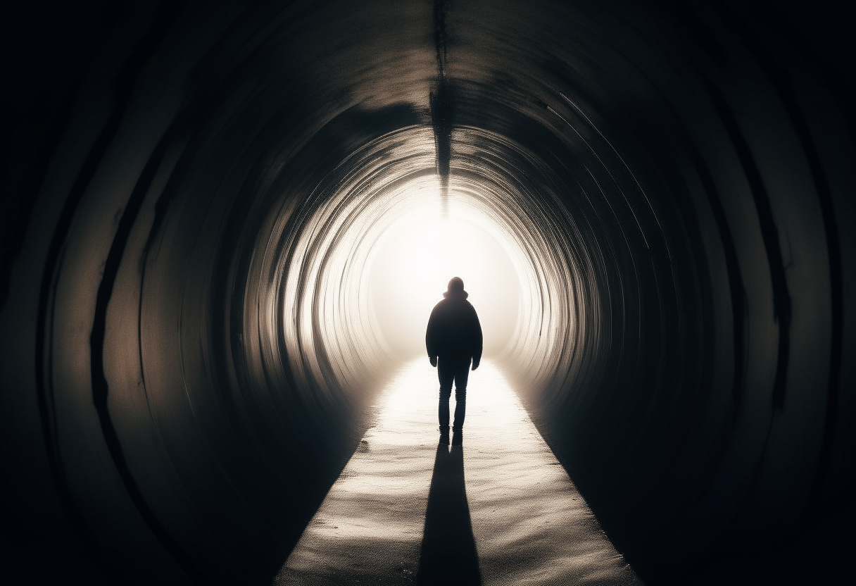 a person who sets out on a journey and there is a dark tunnel around him and there is light at the end
