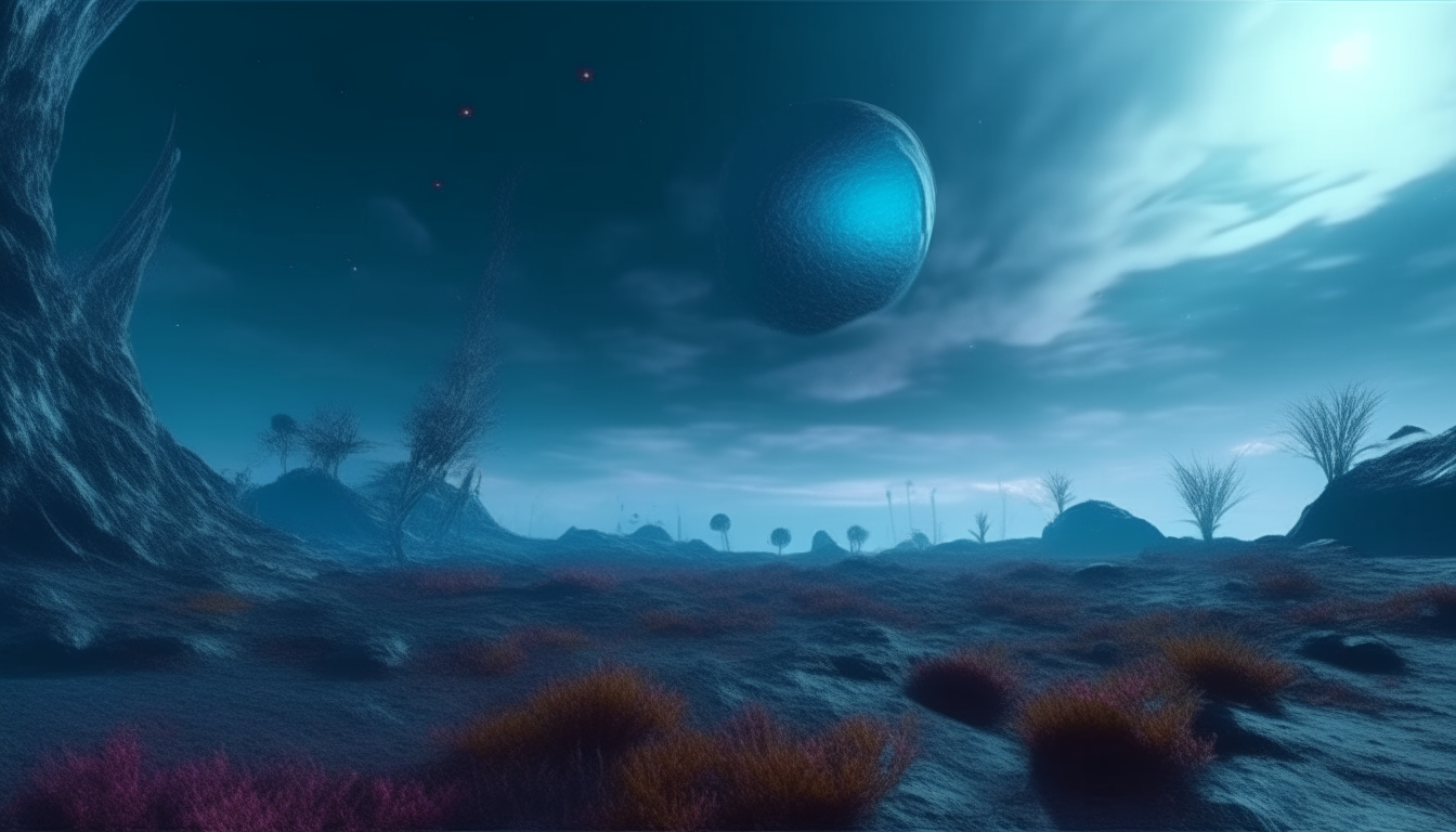 a strange new alien cosmic vibrant colourful landscape stretching into the distance, cosmic dust clouds drift across the moons in the sky above, alien flora lifeforms grow , blue alien beings, 16.9 aspect ratio, highest level of photorealistic details, 4K quality, cinematic sci-fi fantasy style