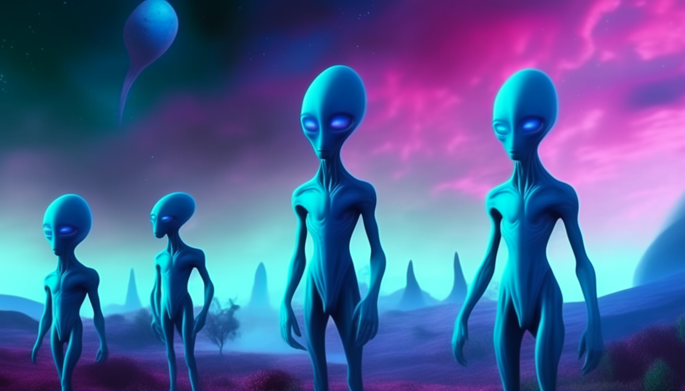 blue alien beings standing in a strange new alien cosmic vibrant colorful landscape stretching into the distance, cosmic dust clouds drift across the moons in the sky above, alien flora lifeforms grow