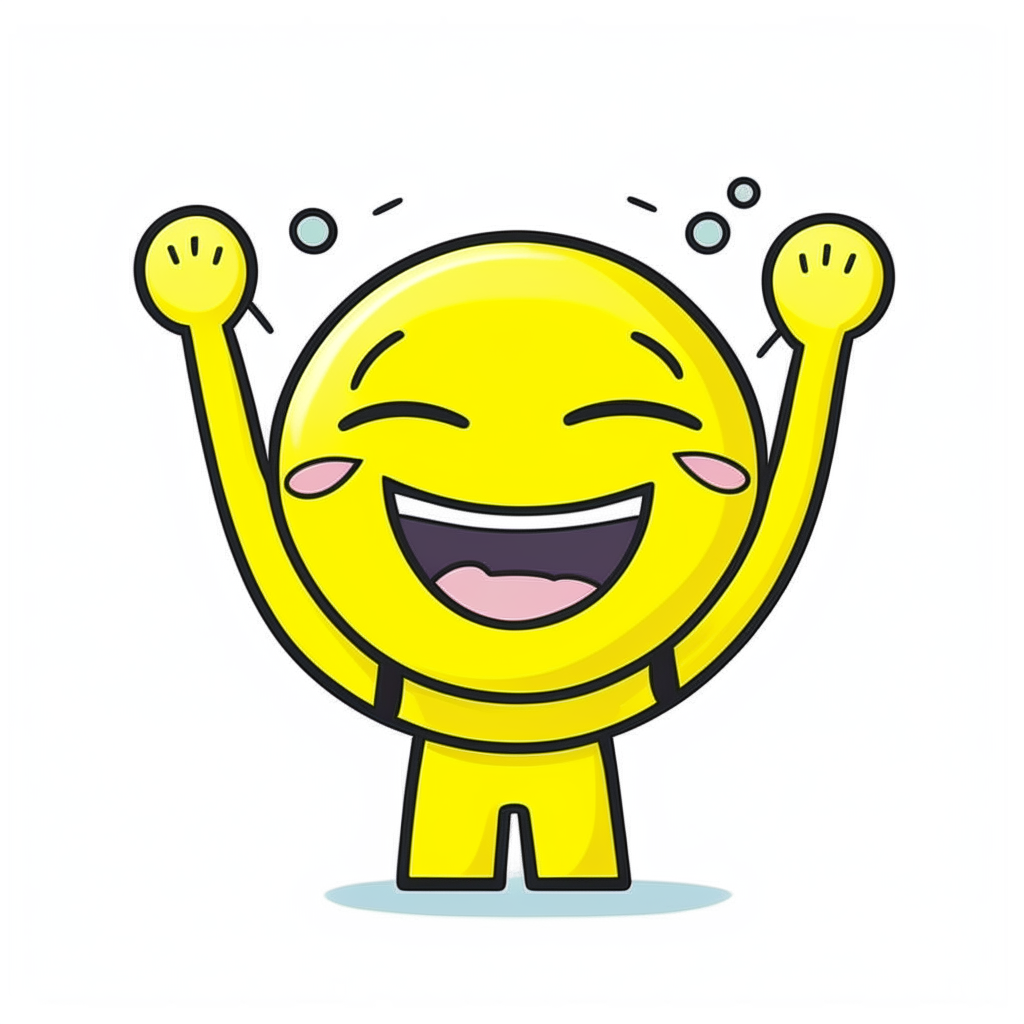 Design LINE stickers, a cartoon with a yellow round headHappy: The character with a big smile, arms raised in celebration.