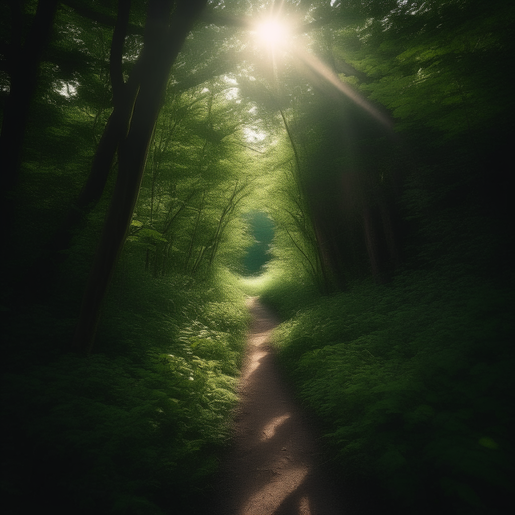 A first-person view down a dimly lit path cutting through thick foliage. Tall trees and vines block the sunlight, leaving an eerie green glow.