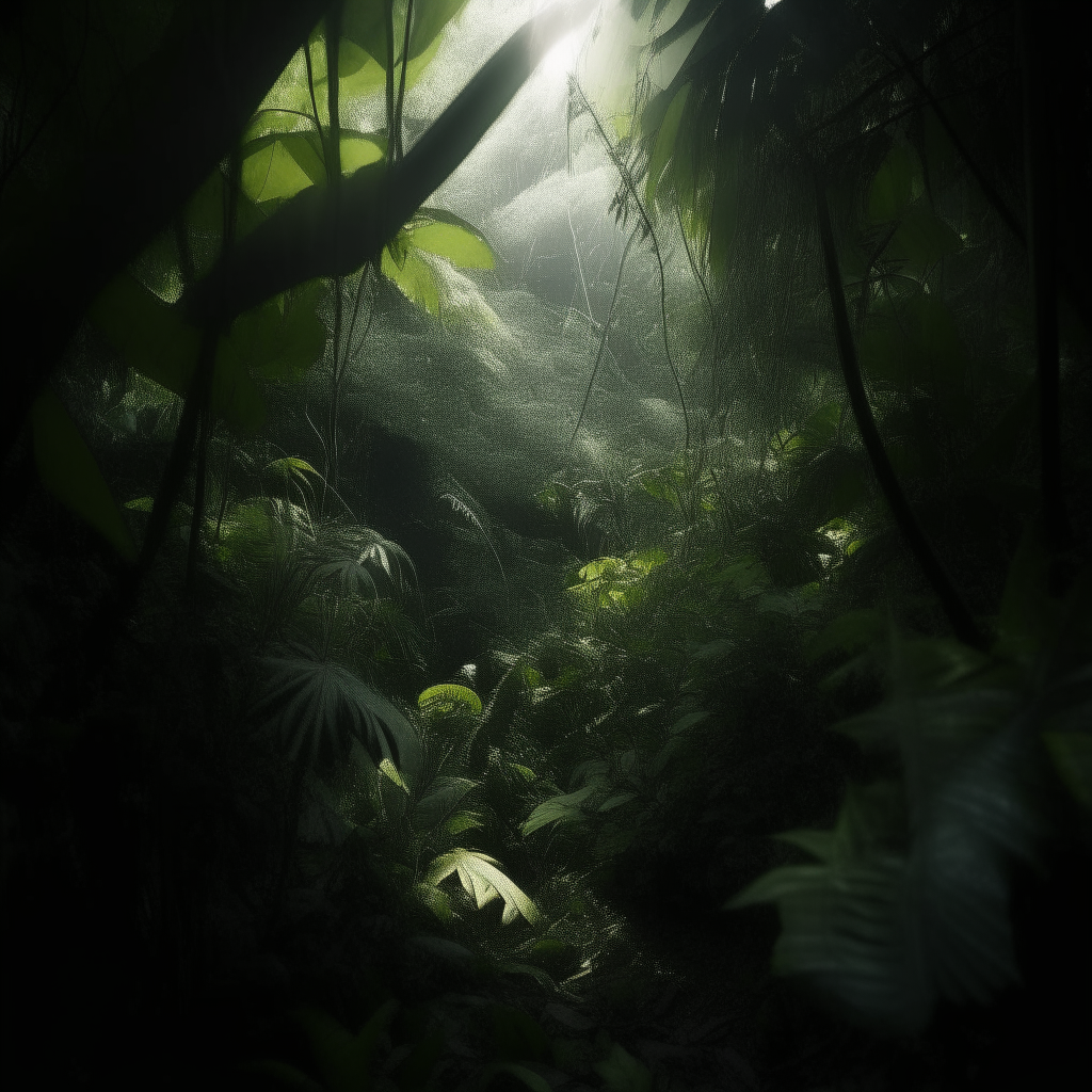 Looking ahead into dense jungle foliage, shadows seem to shift and shapes appear to move just out of sight. An unsettling feeling of being watched grows stronger deeper into the jungle gloom.