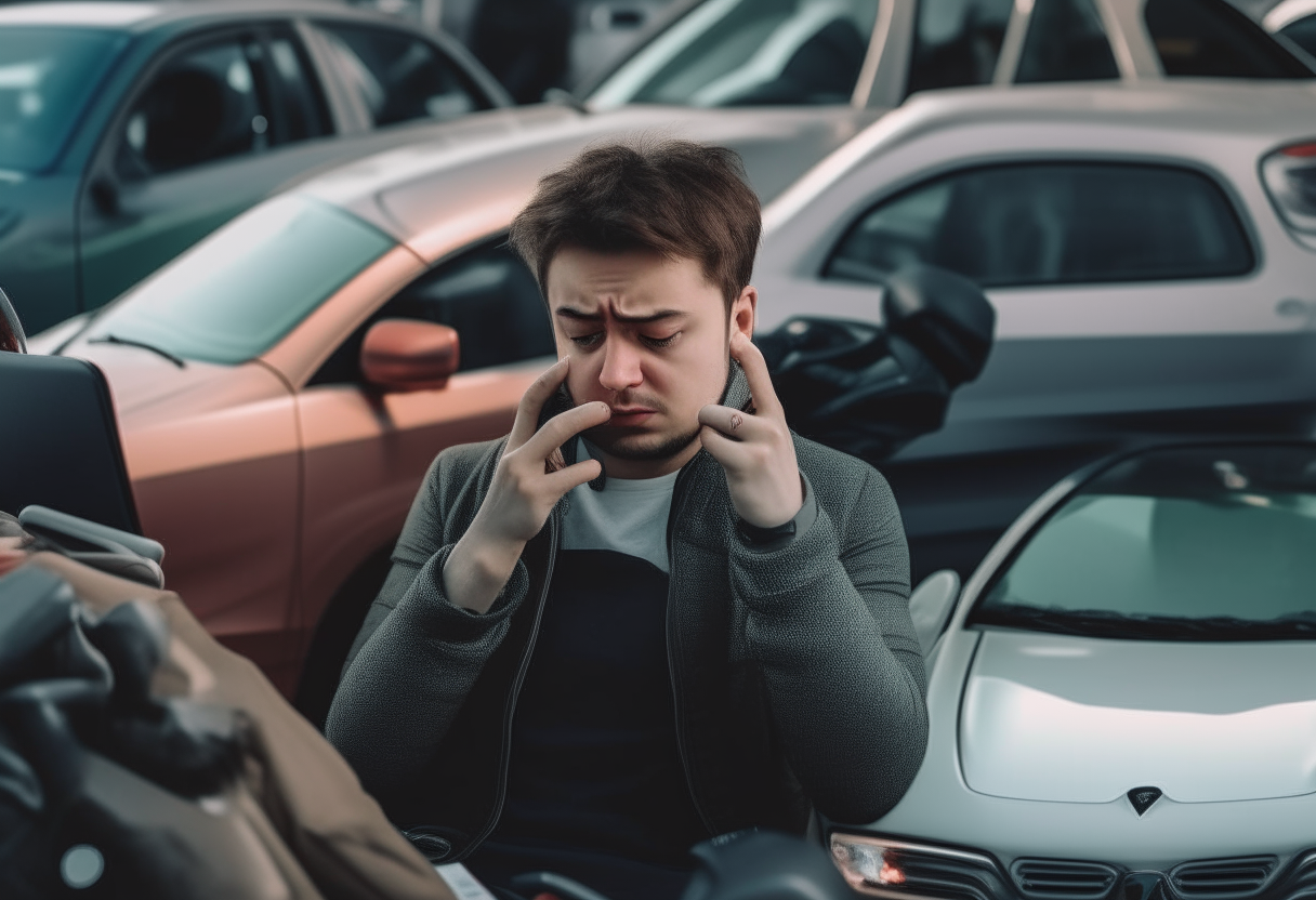 A person sitting in a car, surrounded by stationary vehicles, with a frustrated expression as they check their phone battery.