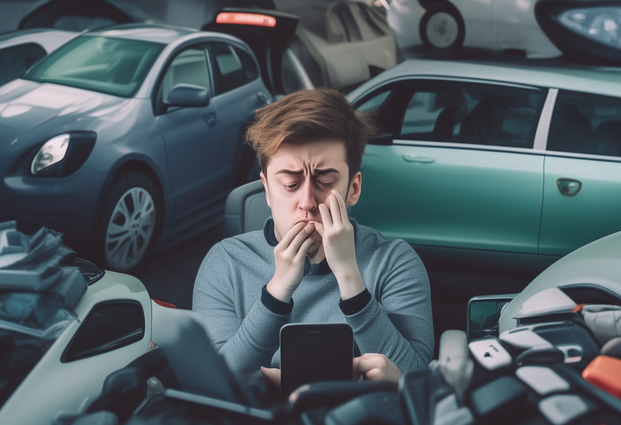 A person sitting in a car, surrounded by stationary vehicles, with a frustrated expression as they check their phone battery. related to sotic theme