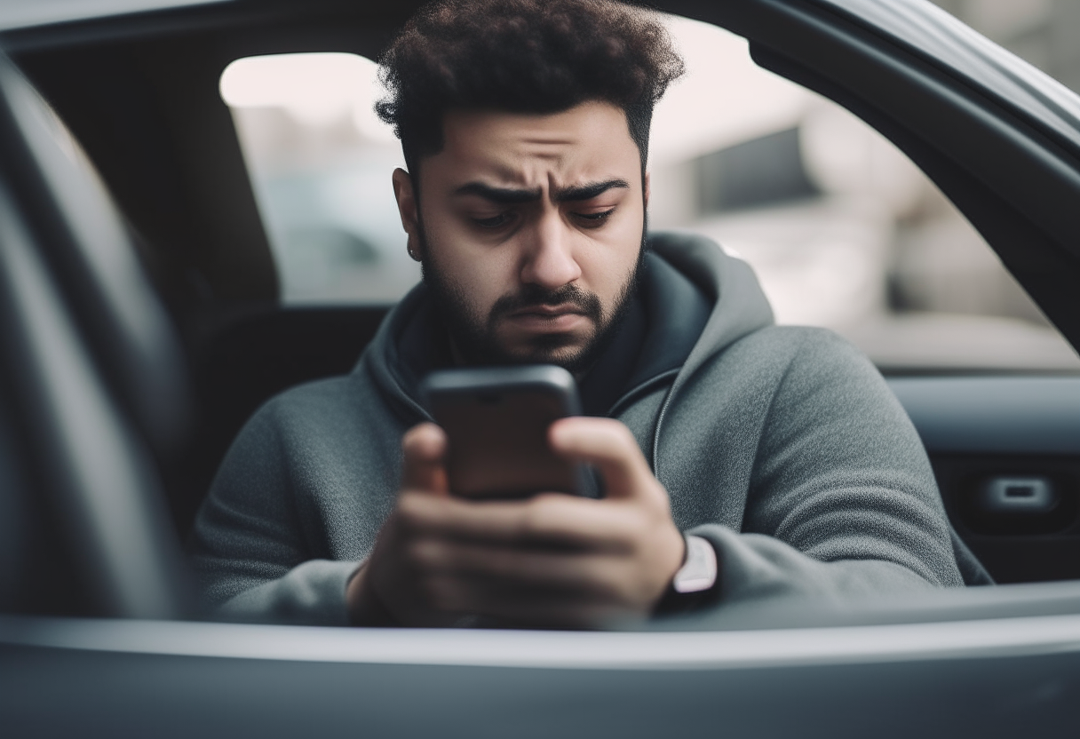 A person sitting in a car,  with a frustrated expression as they check their phone battery. related to stoic theme