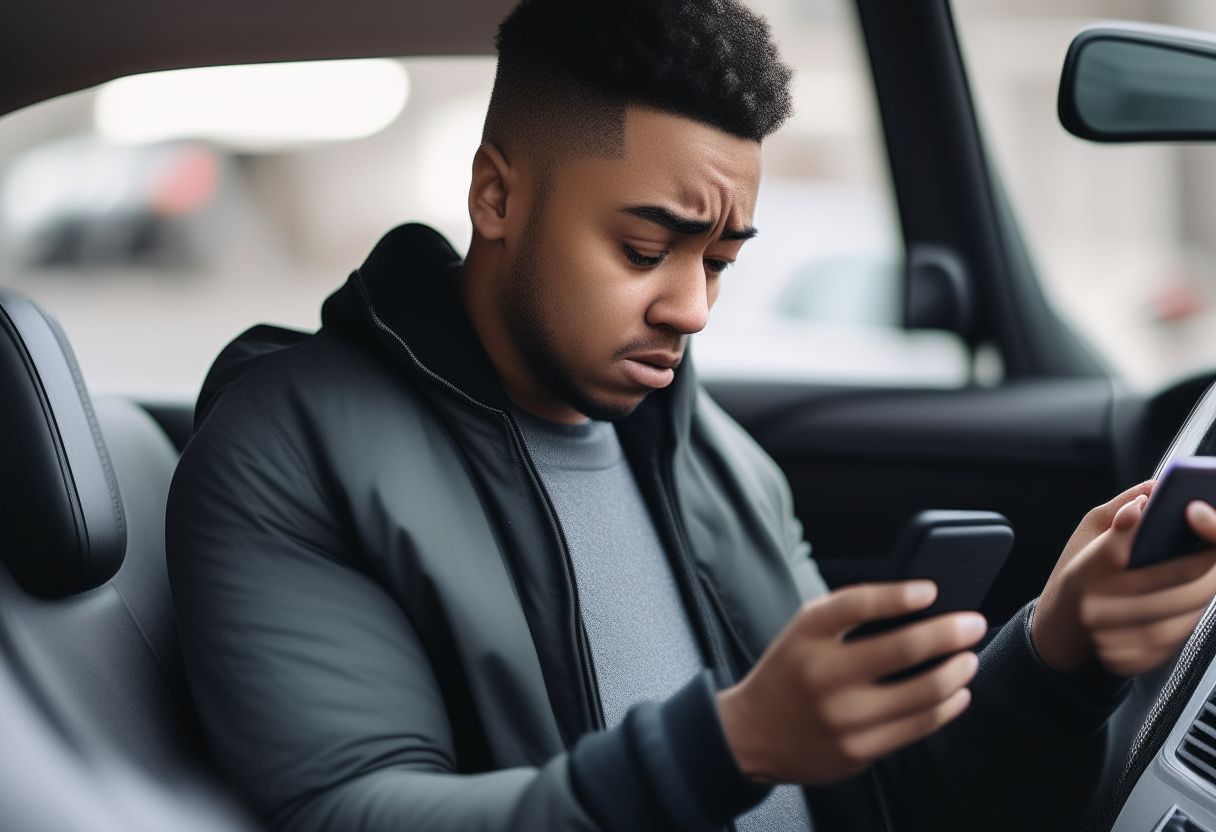 A person sitting in a car, 
 with a frustrated expression as they check their phone battery.