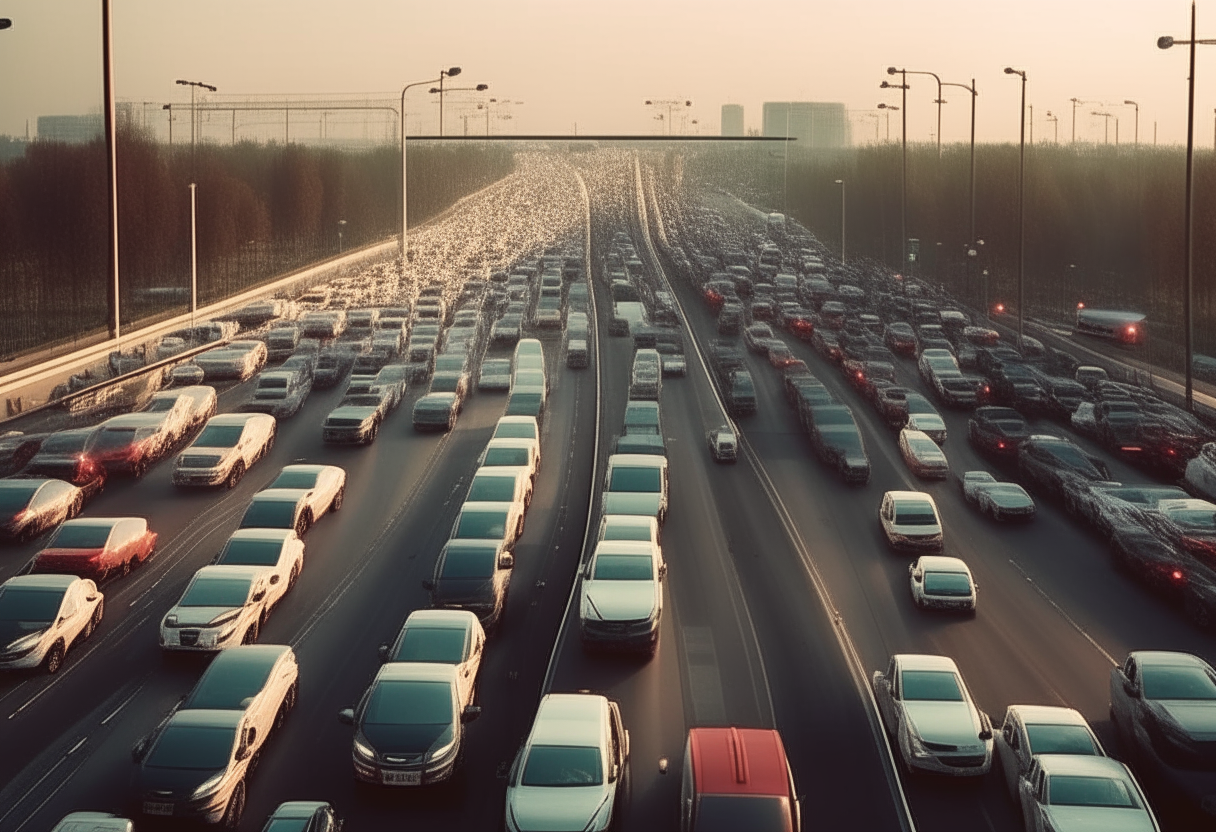 A crowded highway with cars at a standstill, emphasizing the rush hour traffic.
