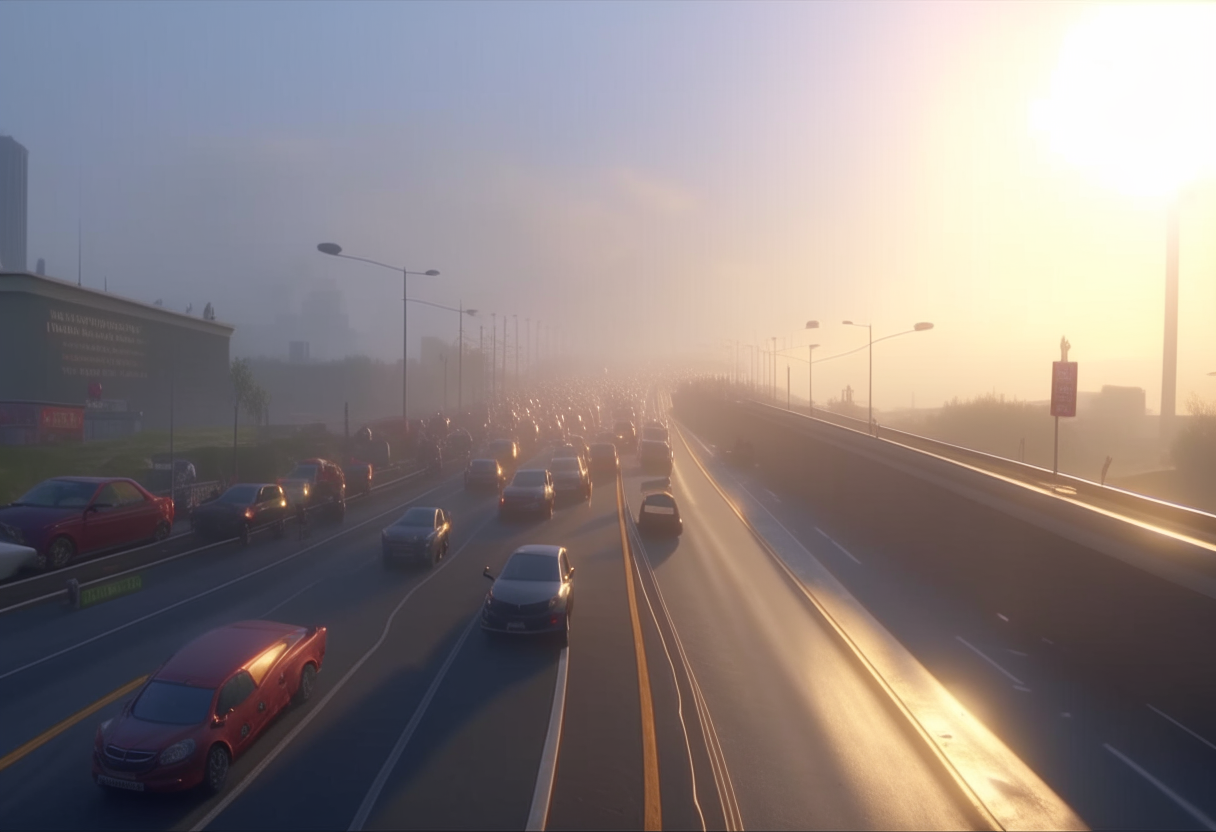 oming out from a congested road to show the expanse of the traffic jam. Fantastic realism, 8k