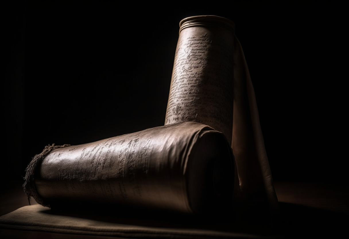 An ancient scroll with Stoic philosophy writings being unfurled. award winning photography, Process art