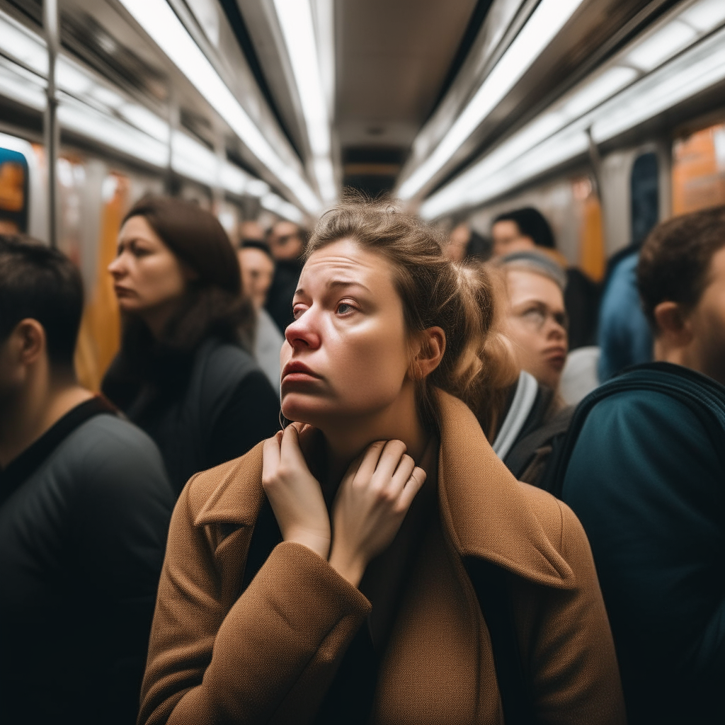 A woman taking a deep breath in a crowded subway, focusing on the present moment amidst the hustle and bustle