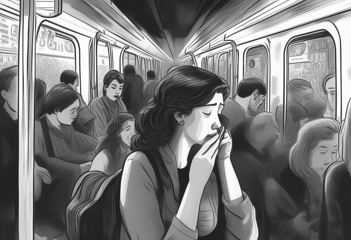 A woman taking a deep breath in a crowded subway, focusing on the present moment amidst the hustle and bustle