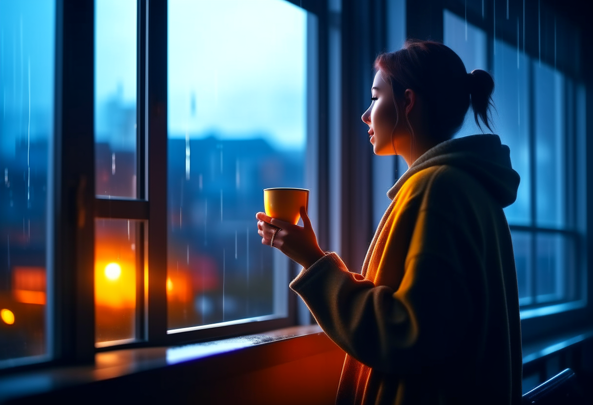 A person sipping coffee while gazing out of a rainy window, embracing the moment despite the weather.