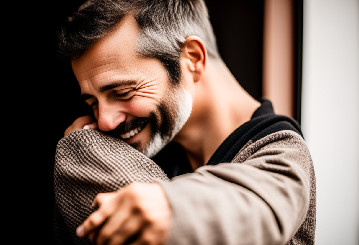 A man smiling gratefully as he receives a warm embrace from a friend, appreciating the support in tough times. natural, detailed skin texture, portait