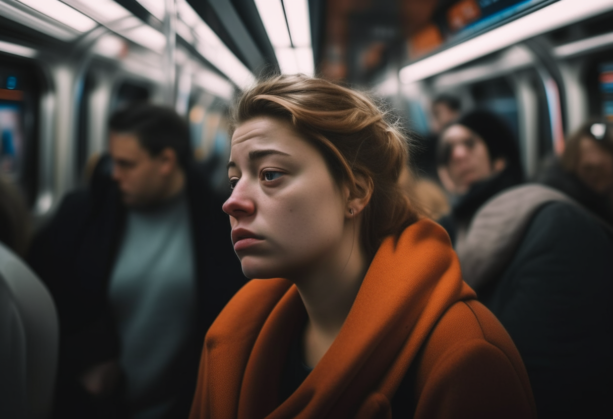 A woman taking a deep breath in a crowded subway, focusing on the present moment amidst the hustle and bustle a new colour clip