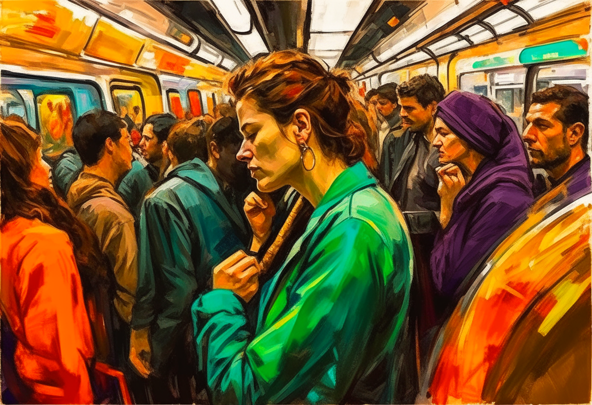 A woman taking a deep breath in a crowded subway, focusing on the present moment amidst the hustle and bustle a new colour clip